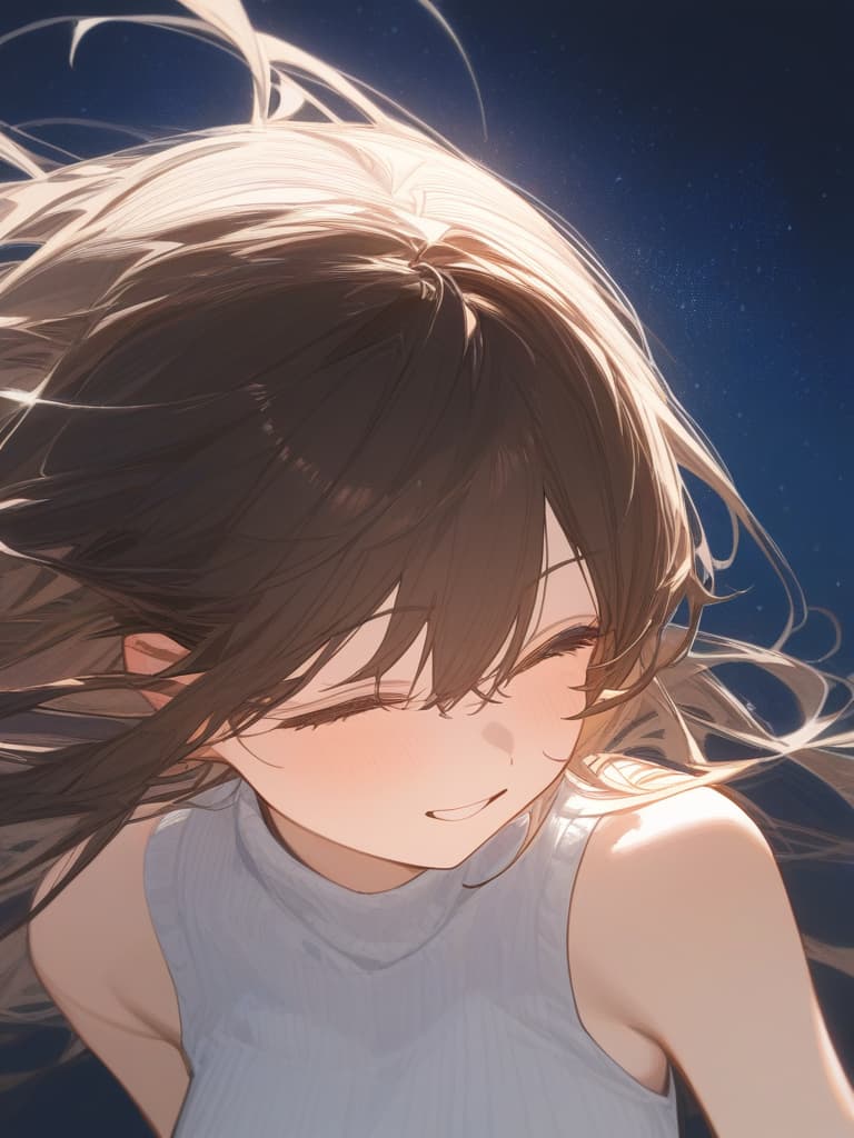  a girl who is laughing at me, bright brown hair, long hair, transparent fleeting, facing here, laughing, under the starry sky, facing here, i am looking at me, wearing a white cardigan over the black sleeveless dress, above the chest, masterpiece, best quality,8k,ultra detailed,high resolution,an extremely delicate and beautiful,hyper detail