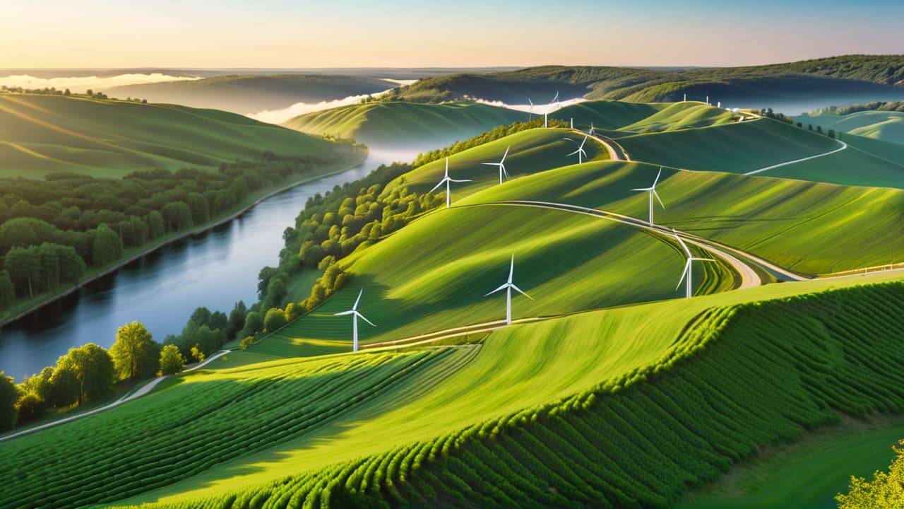  a vibrant landscape showcasing wind turbines on rolling hills, solar panels gleaming under the sun, a flowing river with a hydroelectric dam, and lush greenery symbolizing sustainable energy and environmental harmony. hyperrealistic, full body, detailed clothing, highly detailed, cinematic lighting, stunningly beautiful, intricate, sharp focus, f/1. 8, 85mm, (centered image composition), (professionally color graded), ((bright soft diffused light)), volumetric fog, trending on instagram, trending on tumblr, HDR 4K, 8K