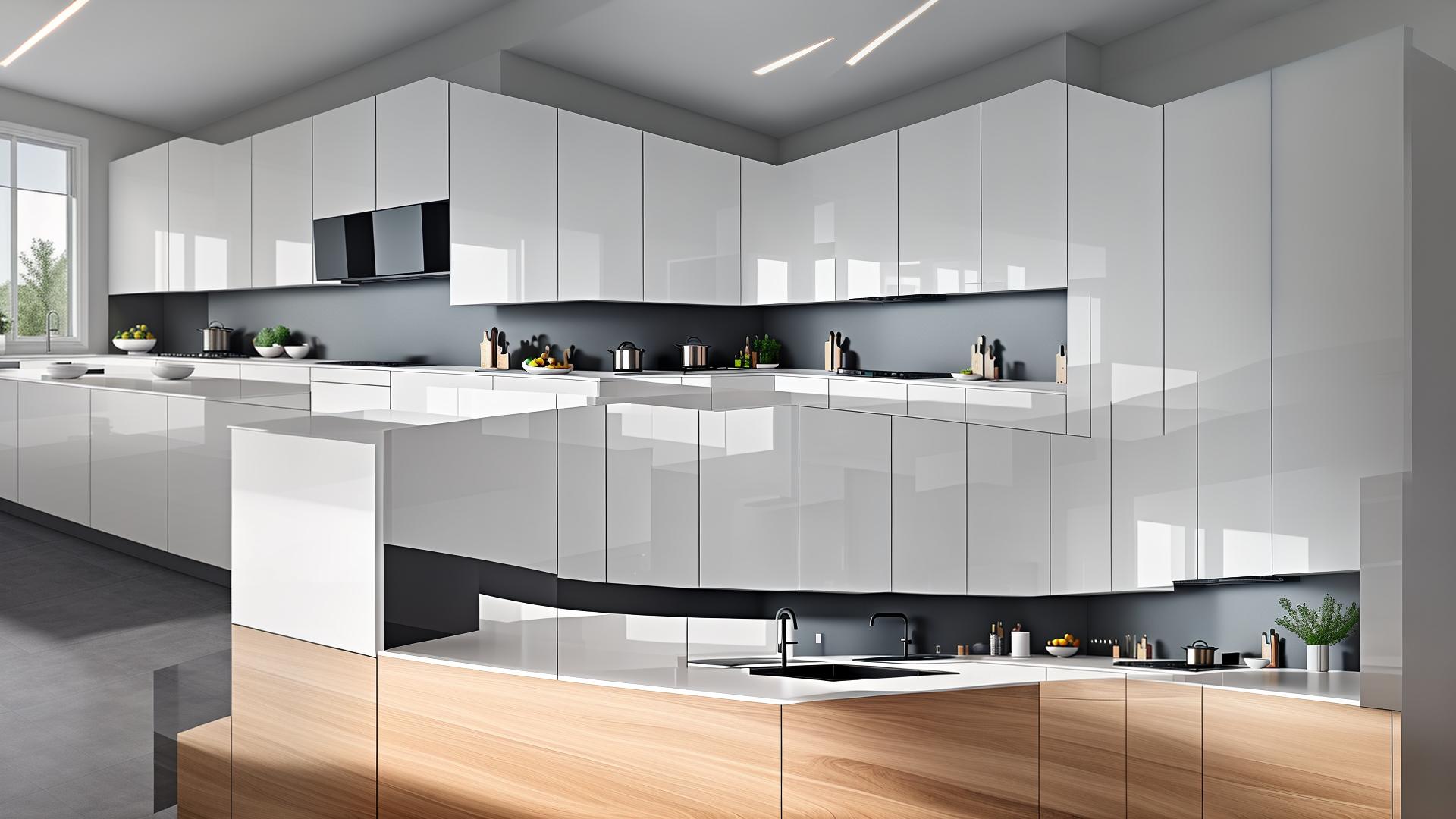  A modern and stylish kitchen interior designed by TuRum, featuring minimalist design with a combination of light and neutral colors (white, gray, wooden tones) and sleek black accents. The kitchen includes built-in appliances like an oven, microwave, and dishwasher, with spacious cabinets and pull-out systems for optimal storage. The countertops are made of high-quality materials, and the layout is either straight or L-shaped to fit small spaces. Additional elements include bottle holders, organizers, railings, and hidden hoods. The overall look is clean, functional, and elegant, with a focus on practicality and ease of maintenance. hyperrealistic, full body, detailed clothing, highly detailed, cinematic lighting, stunningly beautiful, intricate, sharp focus, f/1. 8, 85mm, (centered image composition), (professionally color graded), ((bright soft diffused light)), volumetric fog, trending on instagram, trending on tumblr, HDR 4K, 8K