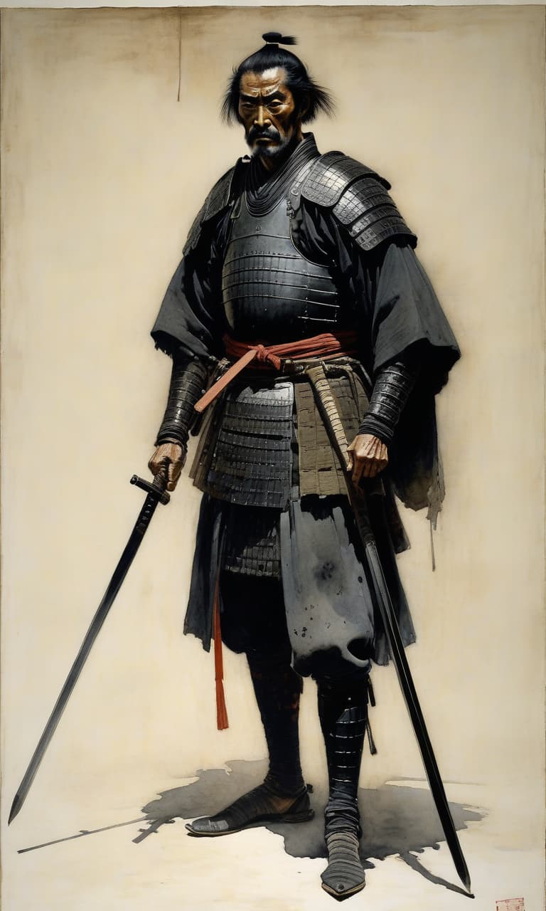  a tall, thin samurai of indeterminate age, in full quality black samurai armor. sickly pale white skin, (sharp predatory features, his face looks exhausted), there are dark circles under his eyes from fatigue, (long black hair with rare gray strands). his whole appearance makes a gloomy and stern impression. by howard pyle, (dim, watercolor 2 but extremely beautiful:1.4), (intricate details, masterpiece, best quality:1.4) , in the style of nicola samori, japanese style ink drawing, ink drawing, ink wash, japanese style ink drawing, looking at viewer