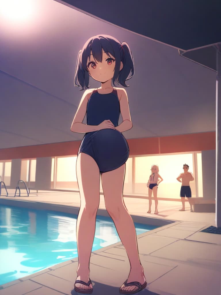  women's elementary students (male), twin tails, cute smiles, (rich s), short stature, dark blue swimwear, old swimwear, swimwear, simple, (upward), upward, (bulge), front, whole body, pool side ,,,