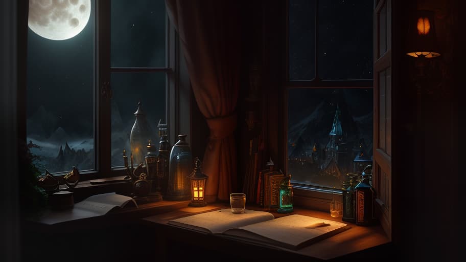  In a fantasy room, there is a window ledge next to a large window with many pieces of paper, glasses with paints, and feathers for drawing. Next to the window ledge, there is a shelf with books and glasses with magical potions. Outside the window, the night and a bright moon. Without a table and chairs. hyperrealistic, full body, detailed clothing, highly detailed, cinematic lighting, stunningly beautiful, intricate, sharp focus, f/1. 8, 85mm, (centered image composition), (professionally color graded), ((bright soft diffused light)), volumetric fog, trending on instagram, trending on tumblr, HDR 4K, 8K