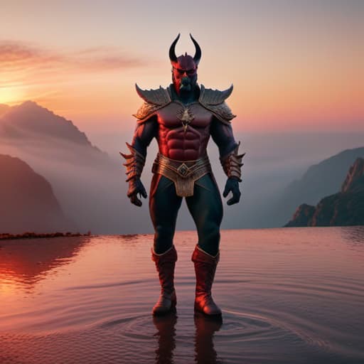  satan world soft sunrise shades hyperrealistic, full body, detailed clothing, highly detailed, cinematic lighting, stunningly beautiful, intricate, sharp focus, f/1. 8, 85mm, (centered image composition), (professionally color graded), ((bright soft diffused light)), volumetric fog, trending on instagram, trending on tumblr, HDR 4K, 8K