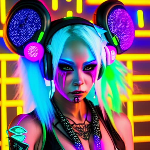  a close up of a woman wearing a bright outfit with headphones, fashion neon light, raver girl, bold rave outfit, dripping in neon paint, cyberpunk fashion clothing, cyberpunk angry gorgeous druid, maximalist fashion, kerli koiv as anime girl, very beautiful cyberpunk samurai, cute rave outfit, fun rave outfit, neon style, cyberpunk fashion