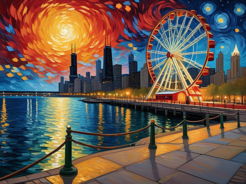  concept art chicago’s centennial ferris wheel, chicago’s navy pier, van gogh's starry starry night with colorful red and orange swirls in the beautiful night sky, chicago skyline with colorful van gogh swirls in the sky, hyper realistic, chicago skyline, mesmerizing, intricate details, flambient golden and red sunrise, dramatic lighting, epic composition, wide angle, cinematic, masterpiece, high resolution, sharp details, best quality, 4k, raw photo, van gogh influence, studio lighting, impressionist, bold colors, starry sky, architectural elements, medium format lens, high angle, cityscape, city life, metropolitan, van gogh's brushstrokes, van gogh's shadows, van gogh's colors, van gogh's textures, nighttime, city scene, streets, night