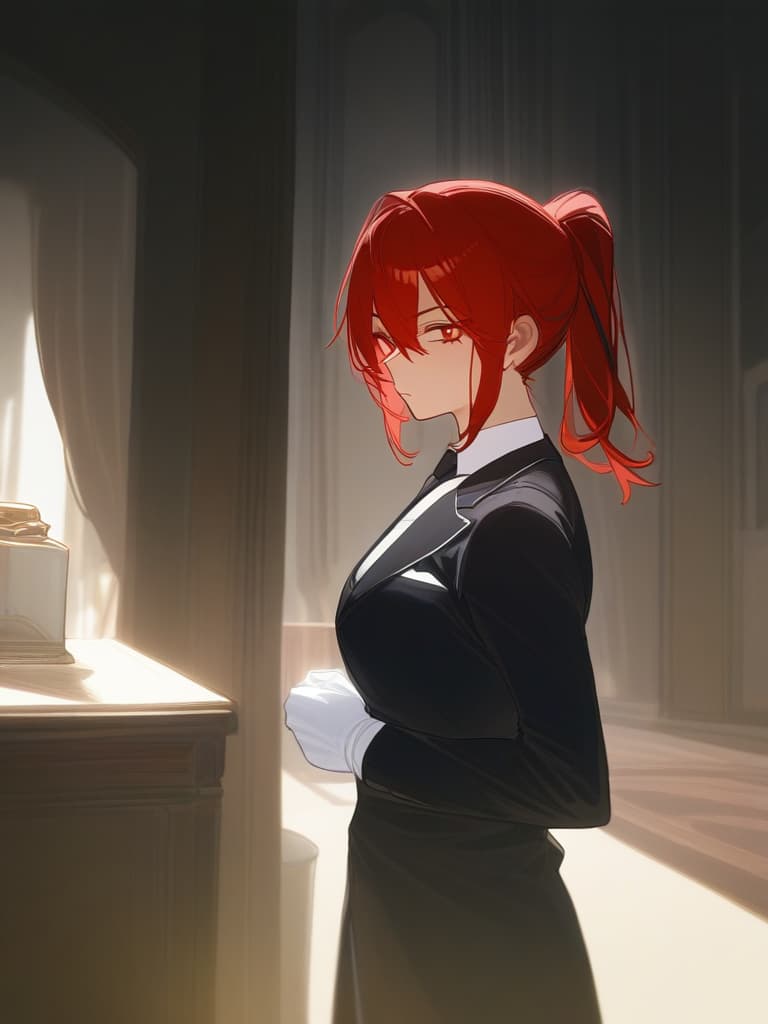  one boy, red haired green, medium hair, ponytail, butler, butler clothing, white gloves, habits, inappropriate smiles, shadowy faces, western houses, houses, tall, and physique