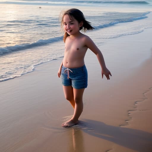  girl child wearing only shorts playing on beach