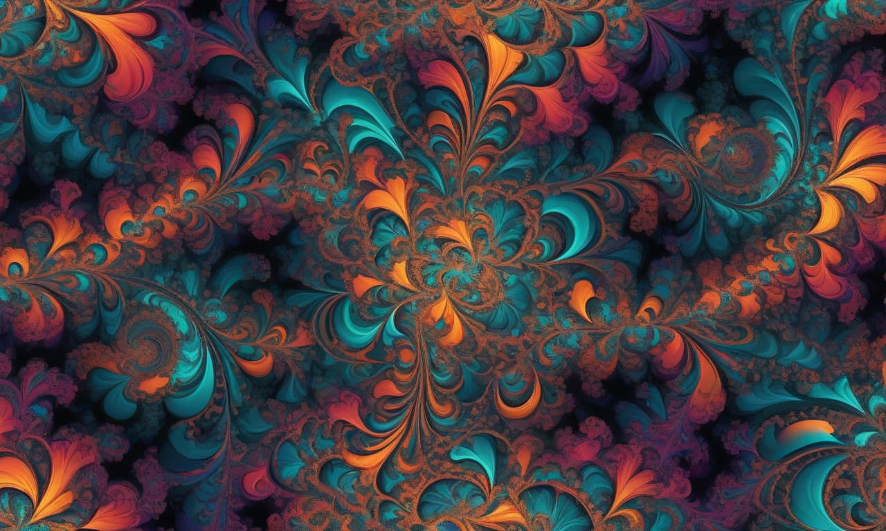  create a seamless, intricate psychedelic pattern inspired by fractal and abstract art. the design should have smooth, swirling symmetrical shapes with complex details. bright, saturated colors. the final image should create a futuristic, mysterious atmosphere with high contrast between shadows and highlights. the aspect ratio should be 16:9 and the resolution should be 1280 x 720 pixels