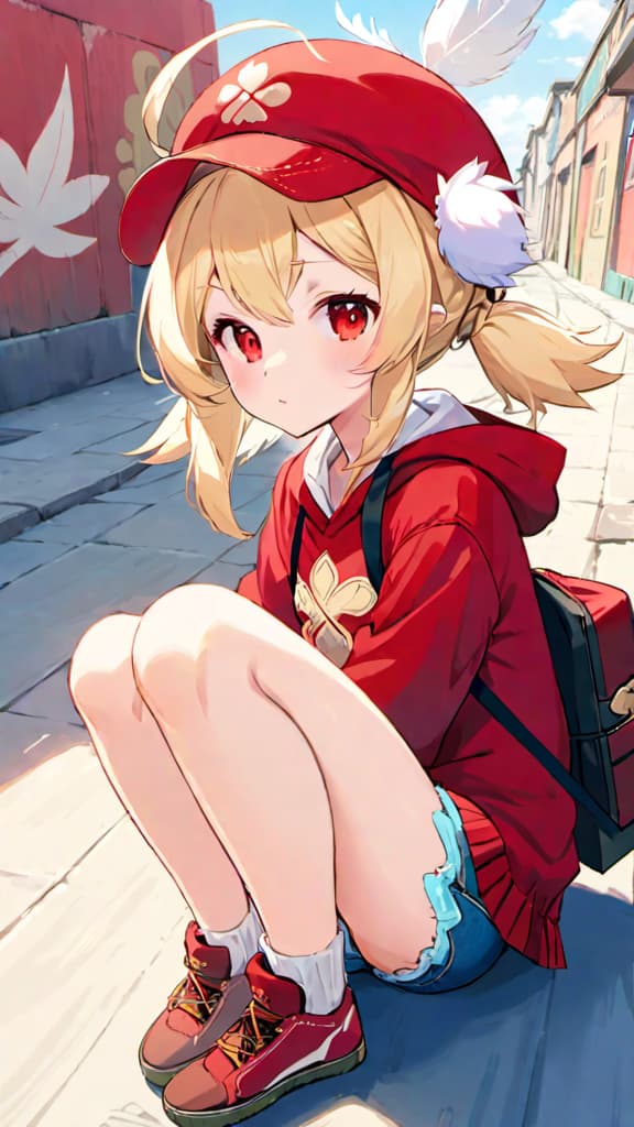  Hd,8k,1 girl,short hair,sitting,1 pair of sunglasses,hoodie,colored hoodie,denim shorts,sneakers,skateboard,Human focus,outdoor,blue sky,White clouds,graffiti wall,flat,solo,white hair, , klee (genshin impact), hat, red headwear, solo, twintails, bangs, dress, red dress, gloves, low twintails, ahoge, pointy ears, red eyes, ,cabbie hat, white feathers, hat feather, long hair, hair between eyes, blonde hair, bloomers, feathers,