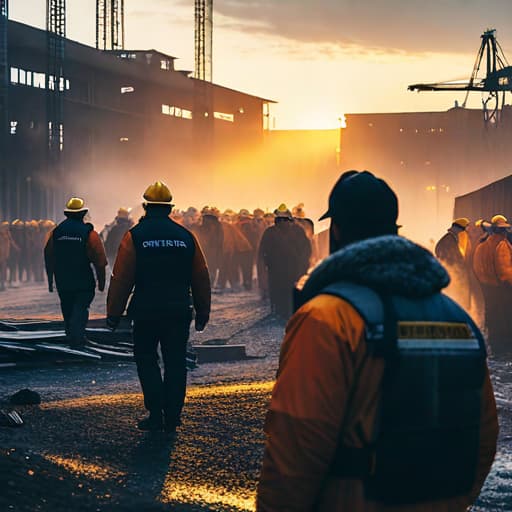  a bustling construction site (construction:1.3) at sunrise, featuring cranes, workers in hard hats, and building materials scattered around (workers:1.4), depicted in a realistic digital painting style (digital painting:1.2), with warm golden hues illuminating the scene and dynamic shadows creating depth, highly detailed, 4k resolution, capturing the essence of labor and progress, negative prompt: abandoned sites, poor weather, night scenes. hyperrealistic, full body, detailed clothing, highly detailed, cinematic lighting, stunningly beautiful, intricate, sharp focus, f/1. 8, 85mm, (centered image composition), (professionally color graded), ((bright soft diffused light)), volumetric fog, trending on instagram, trending on tumblr, HDR 4K, 8K