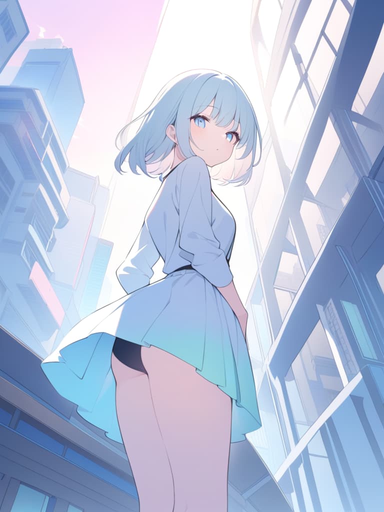  ((best quality)), ((masterpiece)), (detailed), (detailed), cute poses, slightly look down, bright skin, colorful stylish building structure, tall structure, pastel color, soft natural light, light from above. a lively illustration depicting a glowing atmosphere, low angle, deep subject depth, futuristic urban landscape animation characters, a cute girl on the lower right, an angle from the side, distant view,