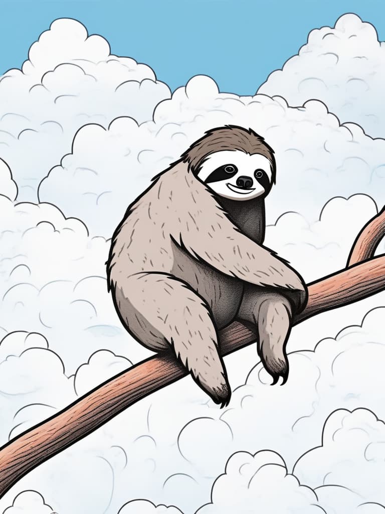  masterpiece,sloth shaped cloud☁,(((white fluffy sloth: outline only))),white lines,cartoonish expression,blue sky background,comical,easy,simple drawing,simple pattern,