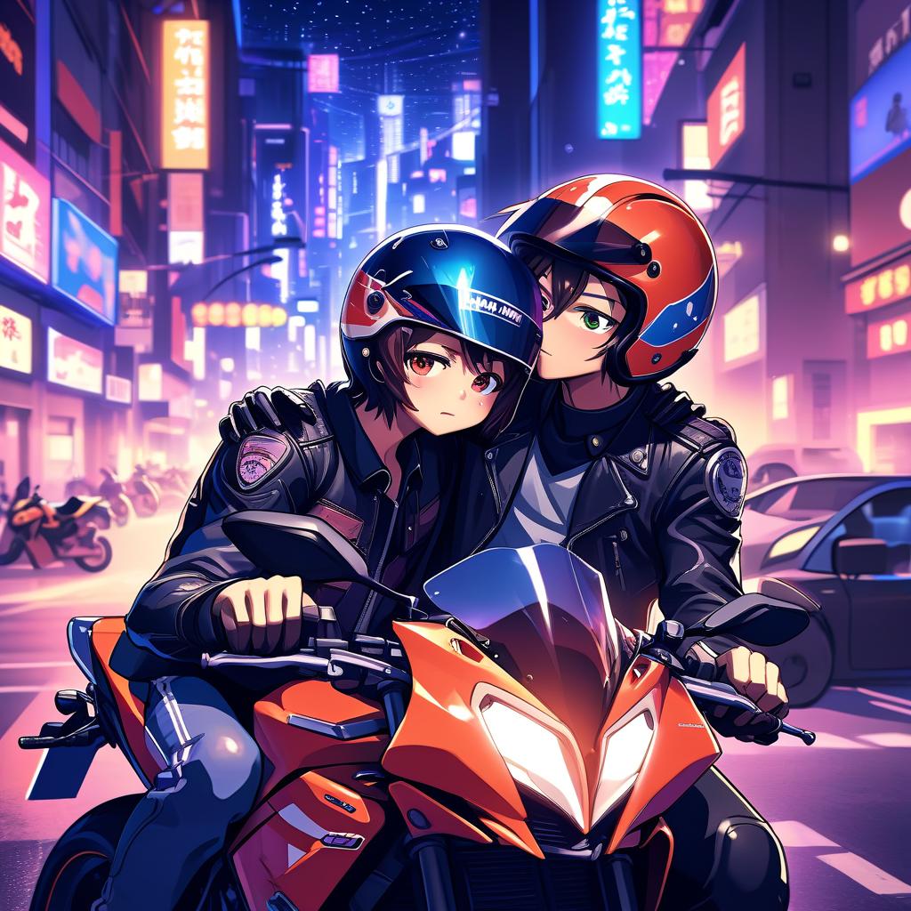  anime artwork at the wheel of a motorcycle sits a guy in a motorcycle helmet, and behind him sits a girl and hugs this guy, amid the night lights of the city . anime style, key visual, vibrant, studio anime, highly detailed