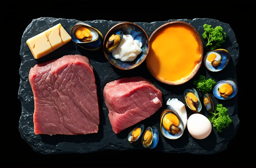  epic realistic, hyperdetailed, (cycles render:1.3), caustics, (glossy:0.58), (artstation:0.82),inscription b 12 made of beef liver, mussels, herring, meat, eggs, cheese, milk on a black stone background ar 3:2