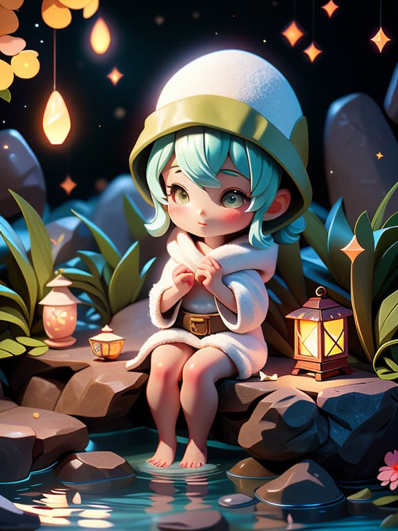  master piece, best quality, ultra detailed, highres, 4k.8k, A sweet old , ing in an open air hot spring, Eyes wide with amazement, BREAK Innocent hood wonder, A peaceful, rural night setting, Hot spring, towel, lantern, stones, BREAK Tranquil and serene, Soft moonlight filtering through the trees, GemstoneAI