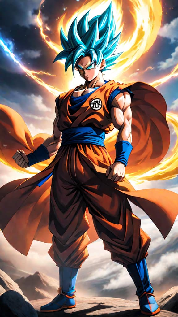  anime art: goku training with whis, aiming to surpass his divine master in power and skill. hyperrealistic, full body, detailed clothing, highly detailed, cinematic lighting, stunningly beautiful, intricate, sharp focus, f/1. 8, 85mm, (centered image composition), (professionally color graded), ((bright soft diffused light)), volumetric fog, trending on instagram, trending on tumblr, HDR 4K, 8K