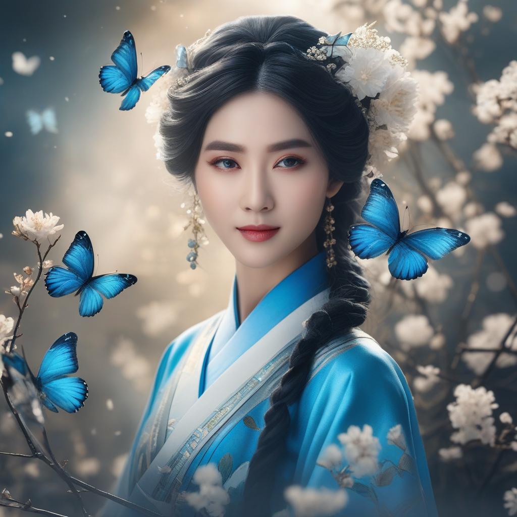  masterpiece, best quality, (Fidelity: 1.4), Best Quality, Masterpiece, Ultra High Resolution, Poster, Fantasy Art, Very Detailed Faces, 8k resolution, Chinese Style, An woman, Side Face, Quiet, Light Blue Hanfu, Tulle Coat, Long Black Hair, Light Blue Fringed Hair Ornament, Hairpin, White Ribbon, White Flower Bush, Light Blue Butterfly Flying, cinematic lighting effects