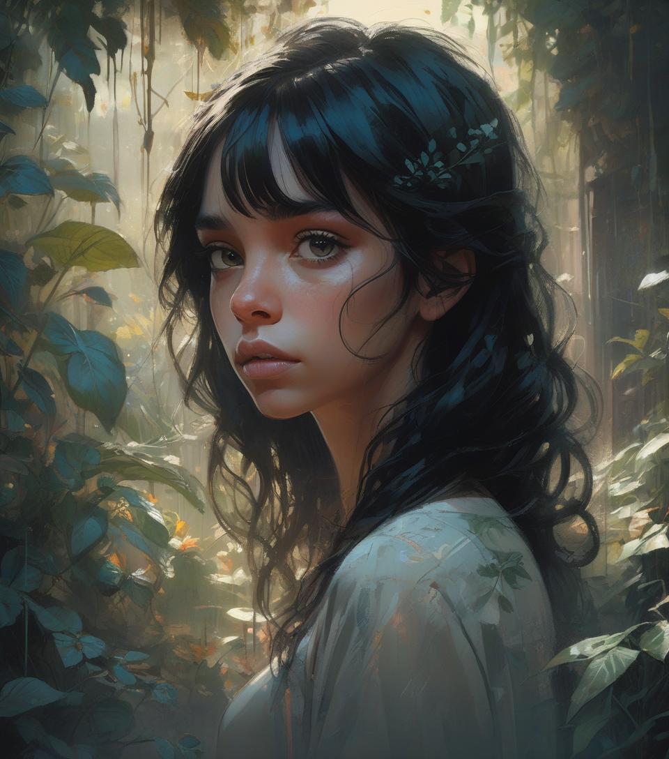  concept art complex background, dramatic light,portrait of a girl , garden, beautiful and young, black hair , cute, delicate face, stunning, cinematic, by melanie delon, rebecca sugar, frank frazetta, carne griffiths . digital artwork, illustrative, painterly, matte painting, highly detailed