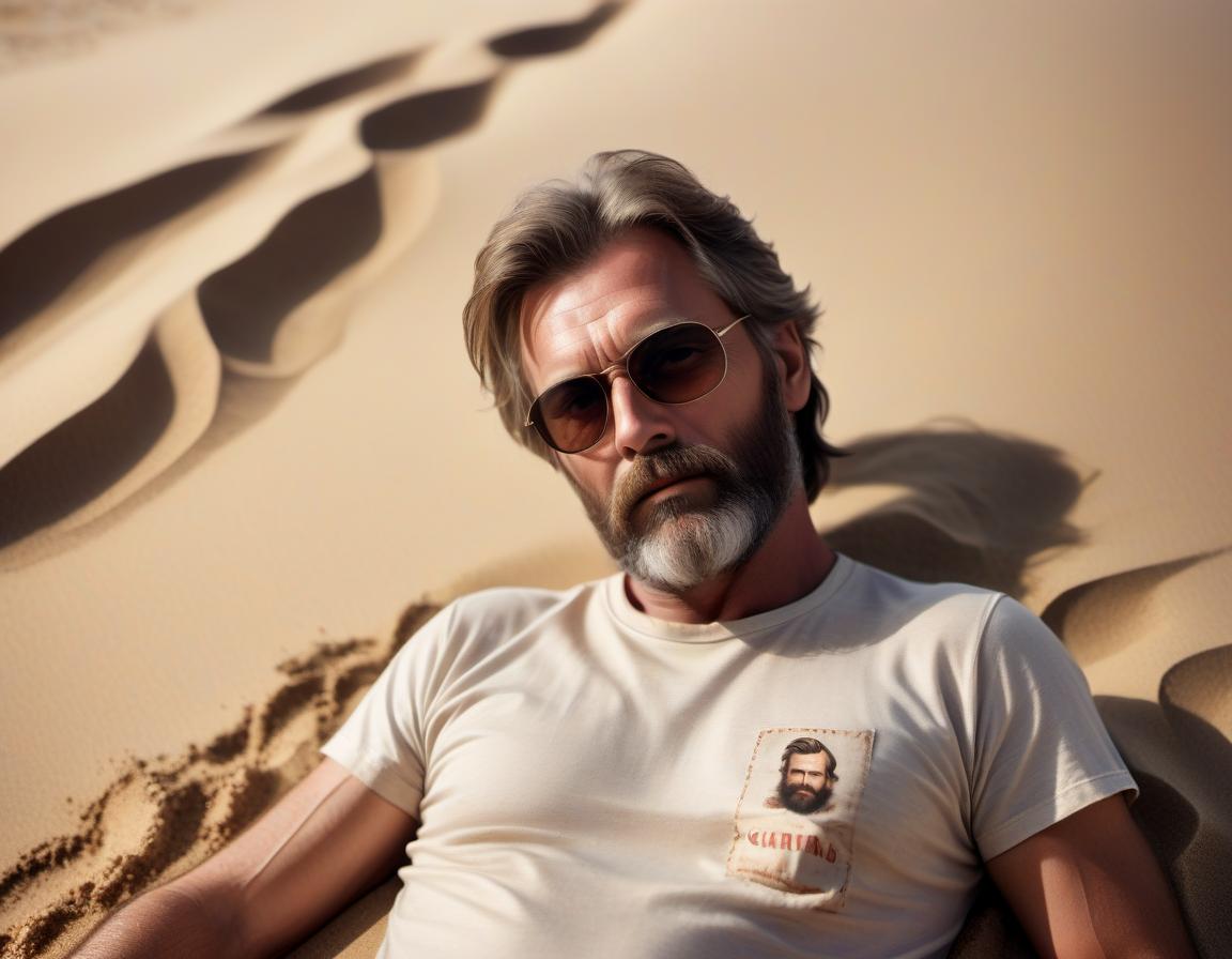  cinematic film still a middle aged man with a beard and a cigarette, a bag lying side by side in the sand . shallow depth of field, vignette, highly detailed, high budget, bokeh, cinemascope, moody, epic, gorgeous, film grain, grainy, t shirt design