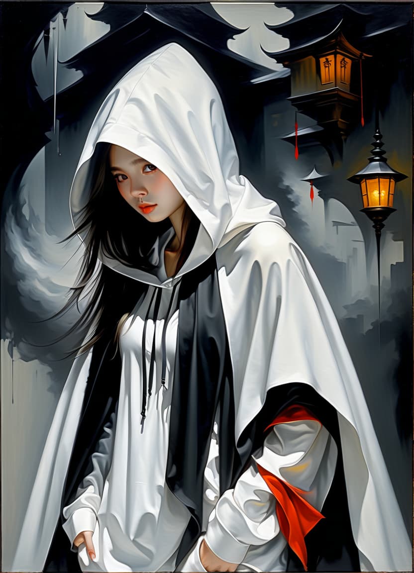  the girl is wearing a white shirt and black pants, a cloak with a hood is black on top, hkmagic, oil painting