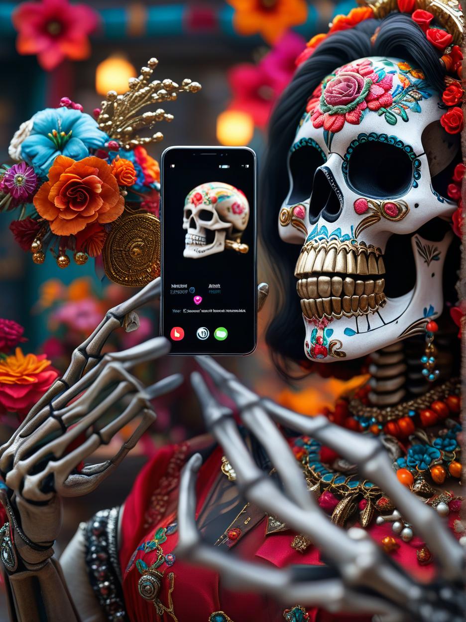  best quality, hd, a close up of a skeletal hand of a mexican catrina holding a smart phone and taking a selfie. the background is decorated in a mexican style and features elements such as skulls and stars, creating an atmosphere that reflects day of the dead celebra tions. hyperrealistic, full body, detailed clothing, highly detailed, cinematic lighting, stunningly beautiful, intricate, sharp focus, f/1. 8, 85mm, (centered image composition), (professionally color graded), ((bright soft diffused light)), volumetric fog, trending on instagram, trending on tumblr, HDR 4K, 8K