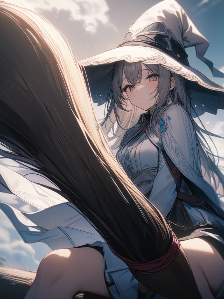  witch, girl, hat, hair fluttering, flying in the sky, sitting on a broom, riding on a broom, holding down the hat by hand, masterpiece, best quality,8k,ultra detailed,high resolution,an extremely delicate and beautiful,hyper detail