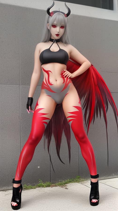  Full body red and silver flame pattern body paint,grey body paint on the whole body, red flame pattern face paint on the face, succubus 女性