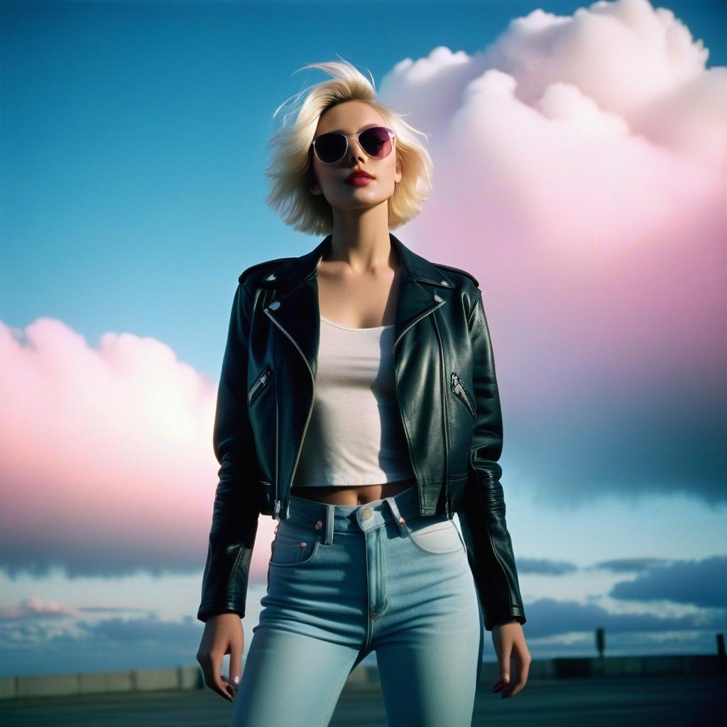  analog film photo the girl is a platinum blonde between the real and virtual worlds, a short haircut, blue eyes, light skin, black leather jacket, wide jeans, pink and white shades, light fog, soft lighting, long angle, full height, stands with her back to the camera, looks to the side, touches the cloud with her hand. . faded film, desaturated, 35mm photo, grainy, vignette, vintage, kodachrome, lomography, stained, highly detailed, found footage