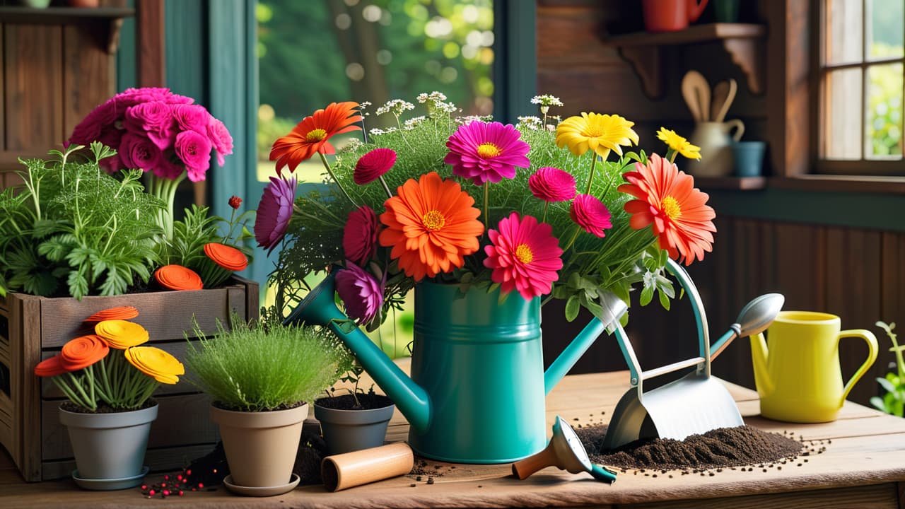  a vibrant garden scene showcasing essential tools: a sturdy trowel, colorful seed packets, a watering can, gardening gloves, and a rich bag of soil, all arranged on a wooden table with fresh herbs and flowers. hyperrealistic, full body, detailed clothing, highly detailed, cinematic lighting, stunningly beautiful, intricate, sharp focus, f/1. 8, 85mm, (centered image composition), (professionally color graded), ((bright soft diffused light)), volumetric fog, trending on instagram, trending on tumblr, HDR 4K, 8K