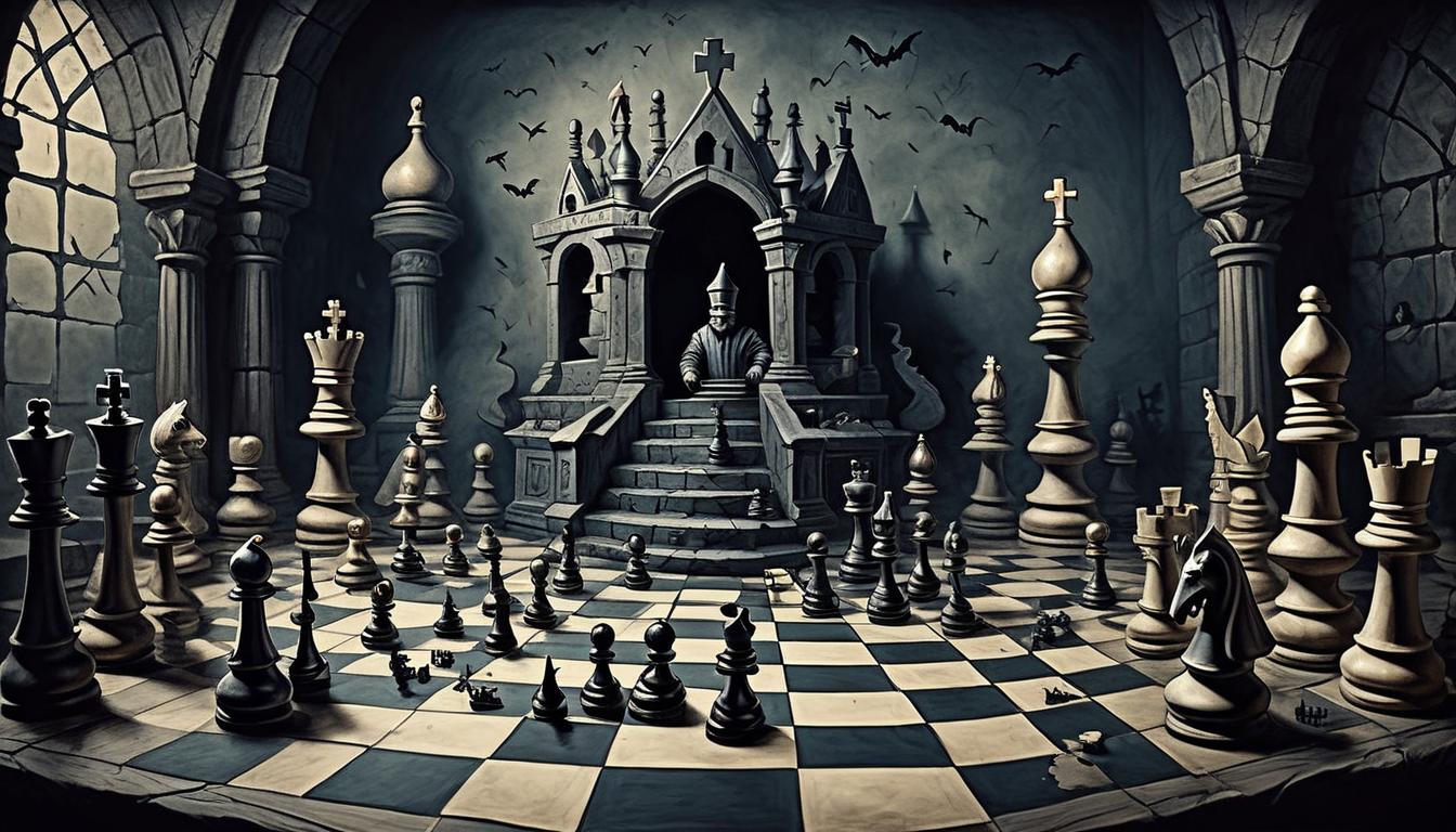  on parchment, surrealism+++, a chessboard with fallen pieces, dark room, overturned table, sense of defeat, strategy unraveled, chaotic, intense(mysterious, provocative, symbolic,muted color)+++