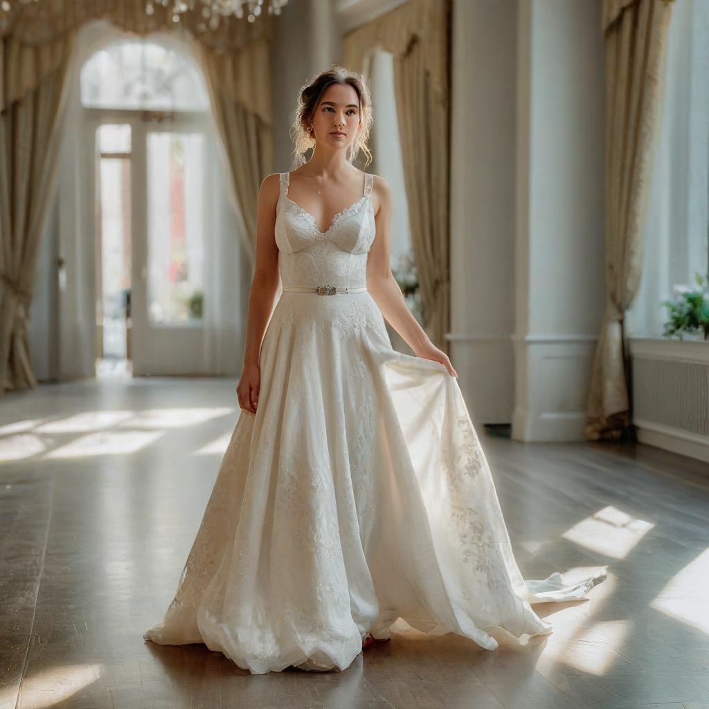  hdr photo of a full length woman in a chic, white, lush wedding dress, looking at me . high dynamic range, vivid, rich details, clear shadows and highlights, realistic, intense, enhanced contrast, highly detailed, film photography style