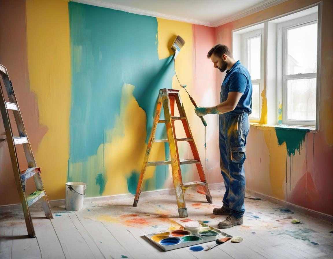  man, painter, in working form, paints the wall in the house, bright colors, bright room, beautiful interior