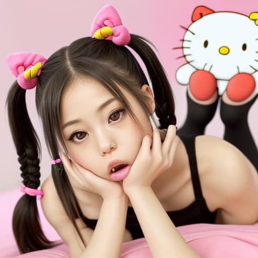  (--Style Photoralism) woman laying in with her crossed and her hand on her mouth, , suki, ing out, pigtail, , bun, pigtails, tight bun, colorful pigtail, v, hot , open, short horns, hello kitty, inviting, cd, with black pigtails, wide open mouth, lips