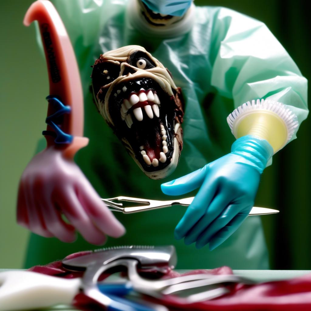  an action figure holding scissors and a hair brush hands in surgical gloves tightly grip surgical instruments, in the left hand forceps with "burdizzo" jaws, in the right hand "elastrator" with a stretched elastic band