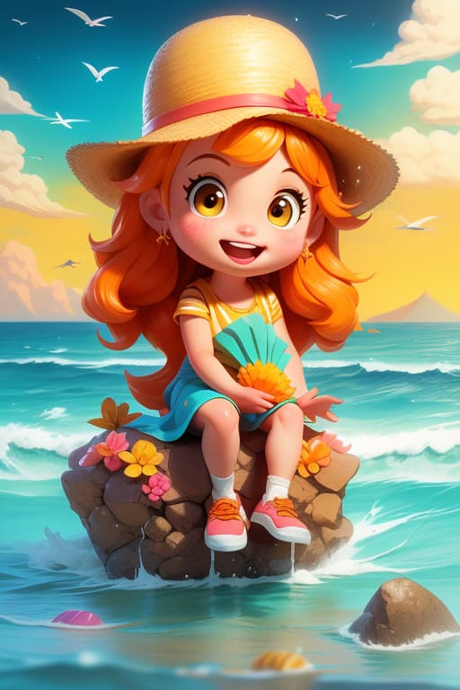  a joyful young in an orange floral runs along the beach, holding a small shovel and smiling broadly. in the background, a man with sungles and a straw hat is seated on a colorful striped beach towel, capturing the moment with a camera. the scene features turquoise ocean waves, seagulls flying overhead, and a vint sky with a few fluffy clouds. two colorful buckets are nearby, adding to the beach atmosphere., the golden jewelry is rendered with precision and accuracy. wearing golden jewelry fashion,the portrait is ultra detailed, with sharp focus and high resolution.,the photograph has a cinematic quality to it, with dramatic lighting that emphasizes the beauty of the model ,the richness of her surroundings. , the model’