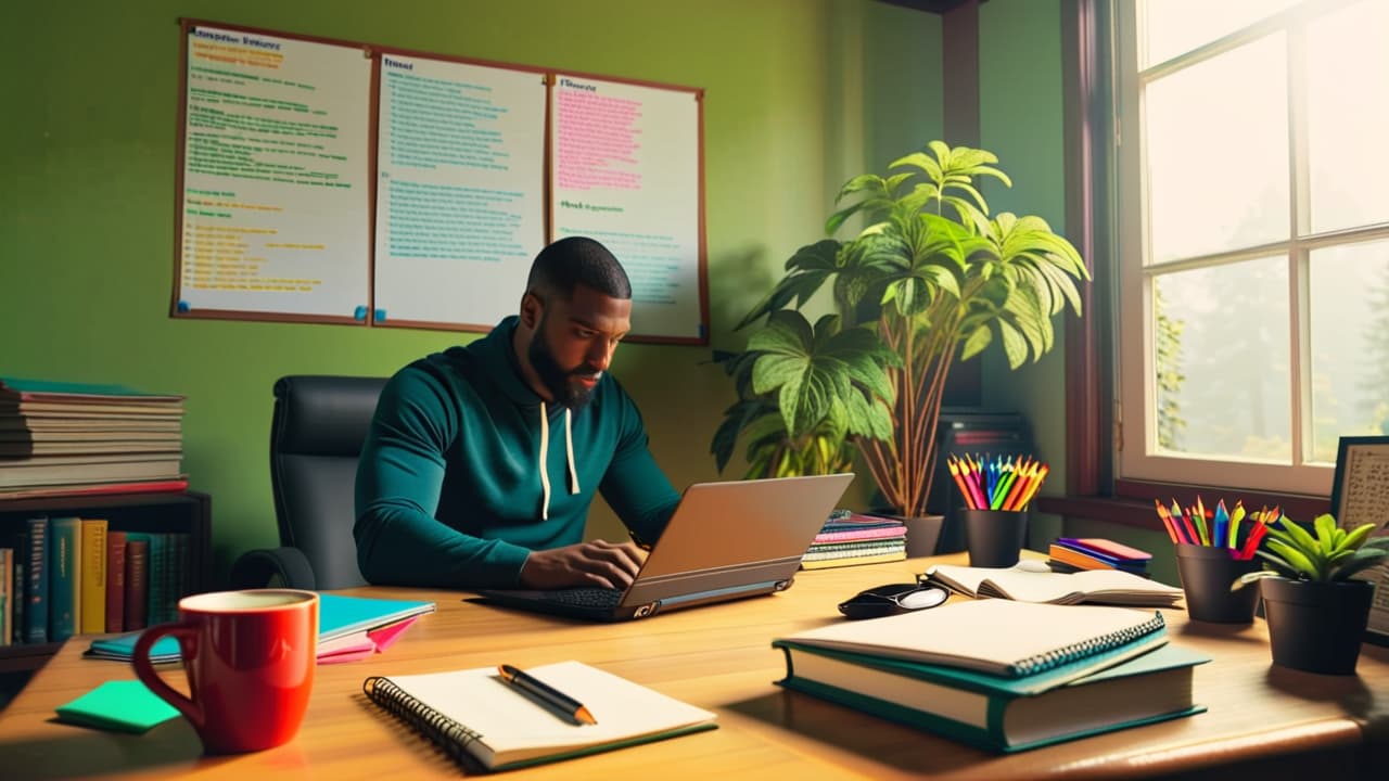  a cozy home office with a laptop open, colorful educational materials scattered around, a whiteboard filled with notes, a plant in the corner, and a steaming coffee cup beside a notepad for planning lessons. hyperrealistic, full body, detailed clothing, highly detailed, cinematic lighting, stunningly beautiful, intricate, sharp focus, f/1. 8, 85mm, (centered image composition), (professionally color graded), ((bright soft diffused light)), volumetric fog, trending on instagram, trending on tumblr, HDR 4K, 8K