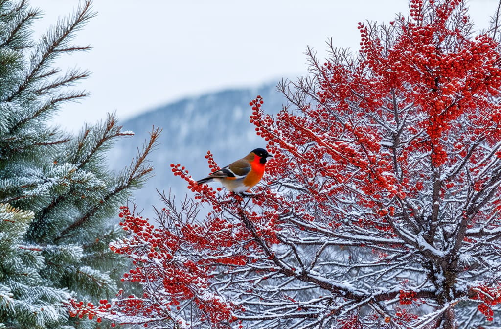  professional detailed photography, winter scene with red mountain ash tree and two bullfinches ar 3:2, (muted colors, dim colors, soothing tones), (vsco:0.3)