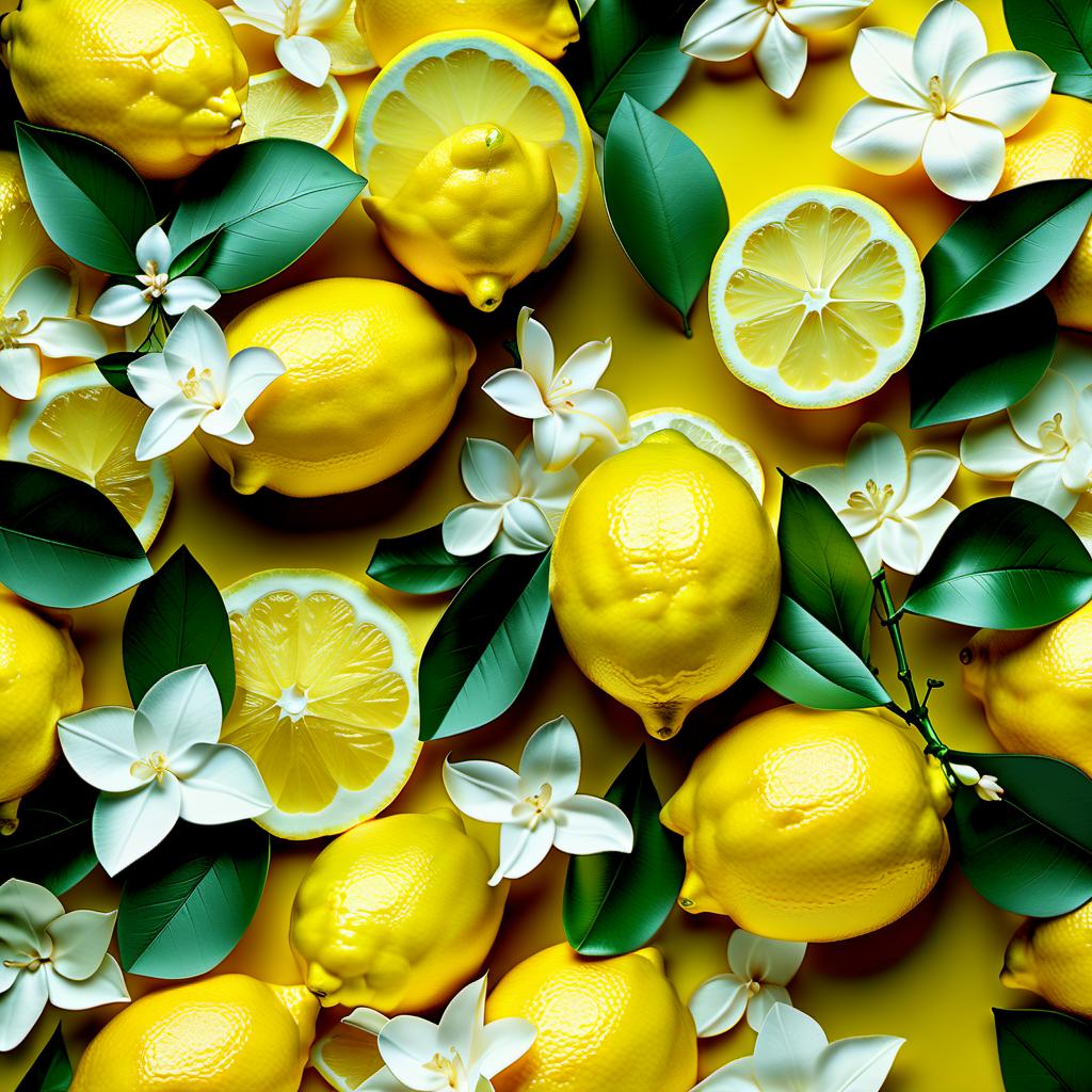  hyperrealistic art background with a pattern of large pieces of lemon and jasmine . extremely high resolution details, photographic, realism pushed to extreme, fine texture, incredibly lifelike