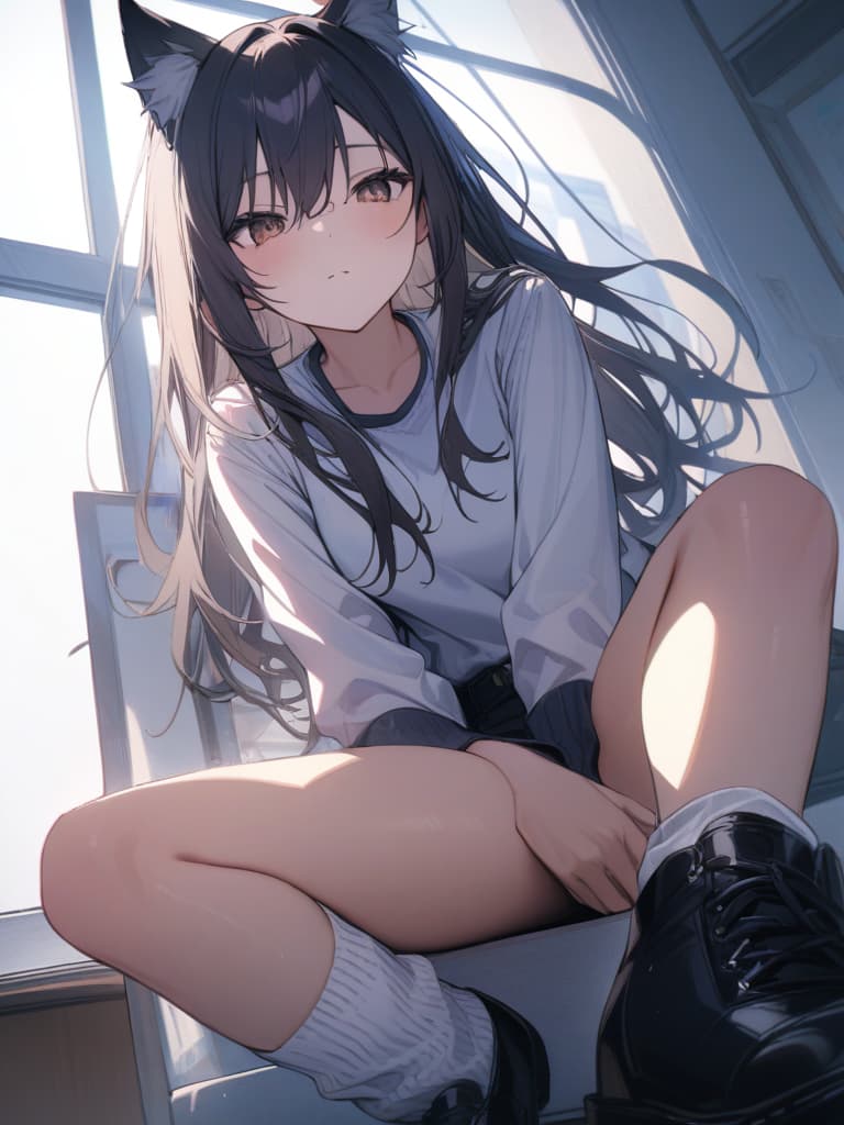  girls, loose socks, students, wolf ears, long hair, black shoes, school, masterpiece, best quality,8k,ultra detailed,high resolution,an extremely delicate and beautiful,hyper detail