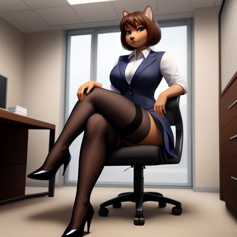  score_9, score_8_up, score_7_up, masterpiece, best quality, good quality, absurdres, smooth, source_furry, Expressiveh, office building, 1 girl, solo, SukiLanePXL, office clothing, nylon stockings, heels, sitting in the arm chair, legs crossed, looking down, looking at the viewer, front view, open eyes, masterpiece, 4k, fine details,