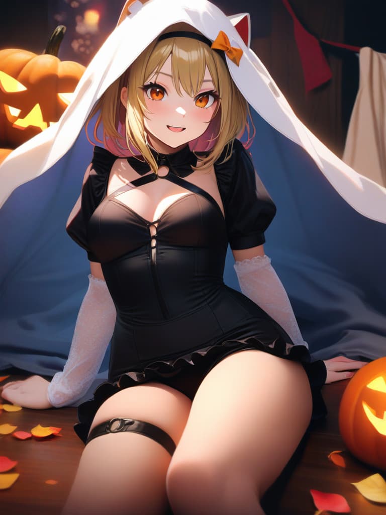  photo realistic,photo realistic,(rin kagamine),1little girl,undergarment,halloween,a smile,4k,8k,(striped s),undergarment,