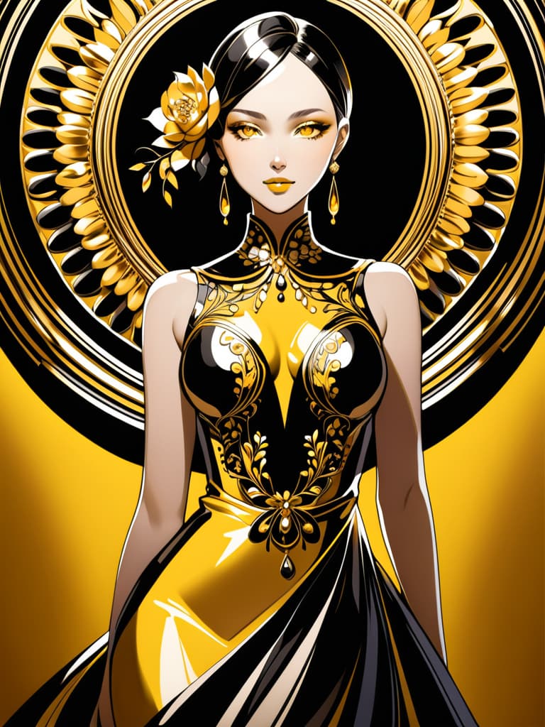  Golden yellow and sleek black color palette, captivating and inviting expression, exuding elegance and charm, magnetic beauty, intricate details, high contrast, luxurious feel, digital art, female, glossy finish, striking composition, dynamic lighting to enhance features.