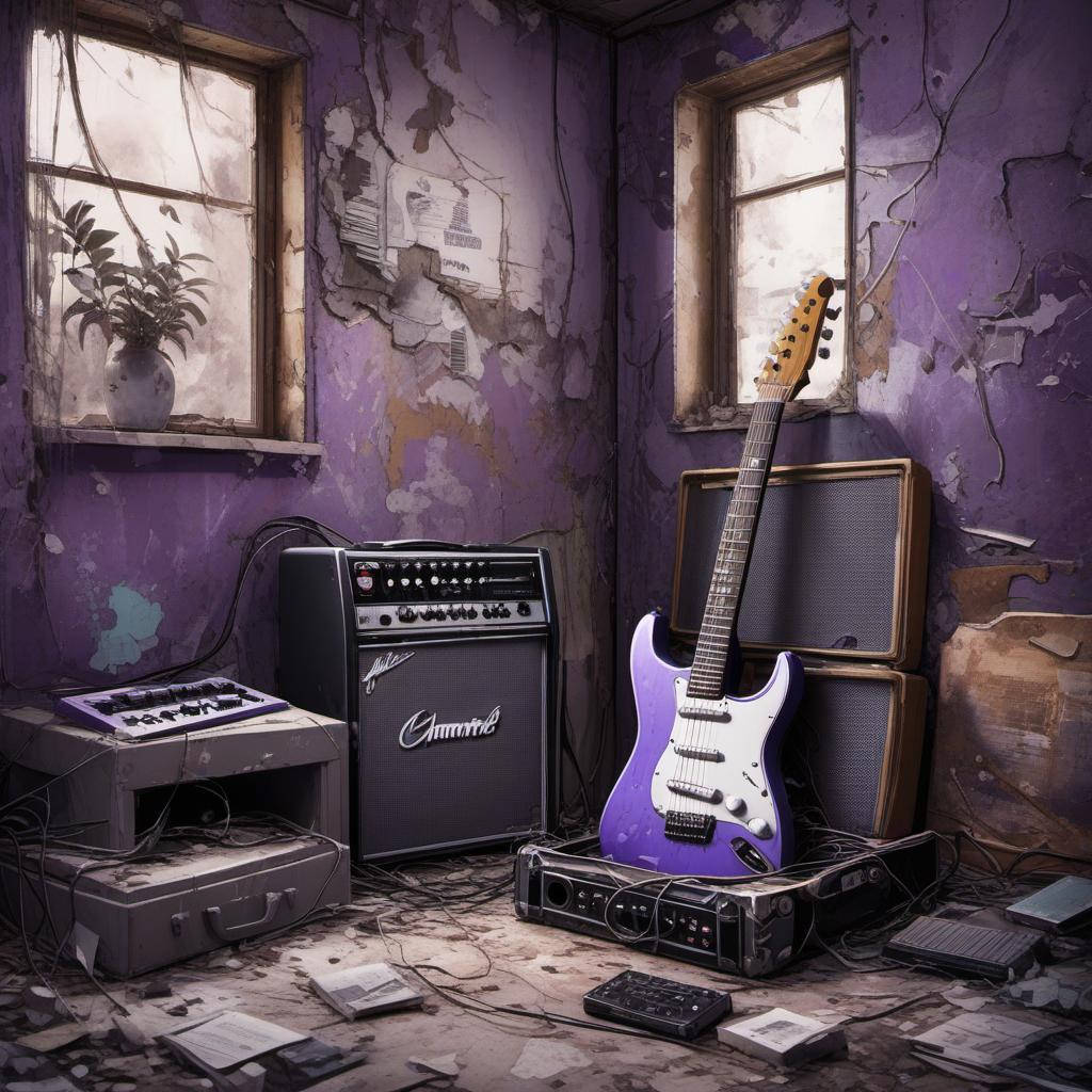  chambre abandonnée en ruine avec une guitare électrique et amplificateur violet , comic style, manga and manhwa style, painting style