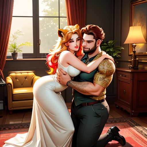  a big cat hugs a cute girl in the living room,pokemon,lion hyperrealistic, full body, detailed clothing, highly detailed, cinematic lighting, stunningly beautiful, intricate, sharp focus, f/1. 8, 85mm, (centered image composition), (professionally color graded), ((bright soft diffused light)), volumetric fog, trending on instagram, trending on tumblr, HDR 4K, 8K