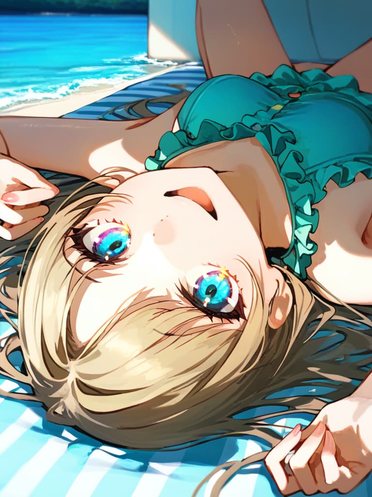  ultra detailed:1.2,masterpiece:1.2,best quality,masterpiece,bestquality,hdr:1.1,8k:1.1,very cute girl:1.3,(aqua color,frill ,swimwear:1.6),(lying,at striped float bed on sea:1.8) ,smile:1.4 ,(blonde hair,twin tail,drill hair:1.3) ,(on the sea:1.7),upper body:1.3,dutch angel:1.5,open mouth,(upside down:1.7)(from above:1.1)((eyes highlight:1.1))