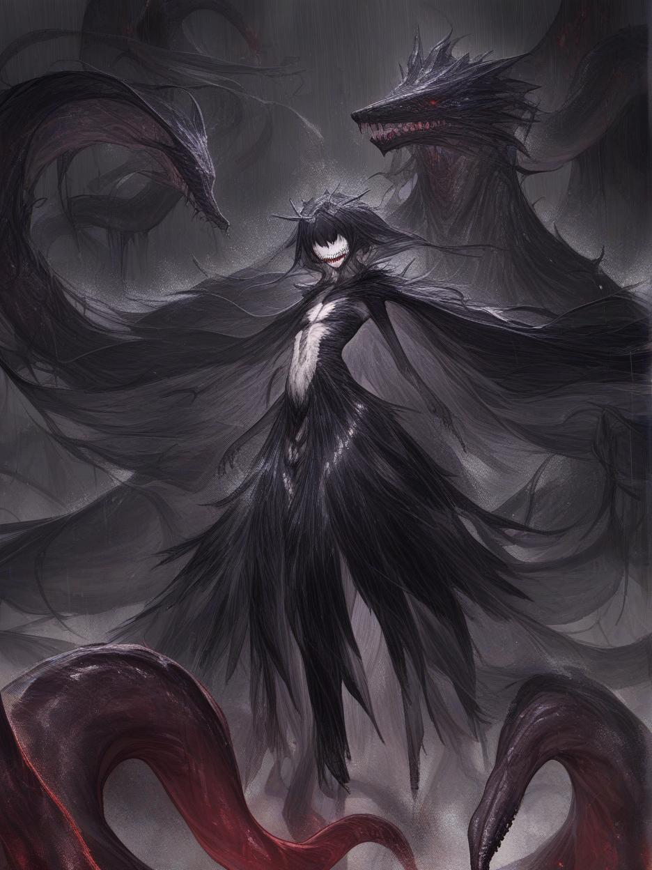  an anime photo of a sorceress wearing a mixture of matte black metal with armor of iridescent synthetic cloths. the woman transformed into a creature, merging with her armor, creating a terrifying smile, full of teeth, no eyes, with several red rune marks on her black body, tentacles on her back, and a monstrous body full of dangers. this creature is in a black forest with a rain and red thunder in the background, its face is all black and eyeless, looking like a wild creature, its body has grown and become very strong, it has taken on a giant appearance, like a dragon . best quality, high resolution