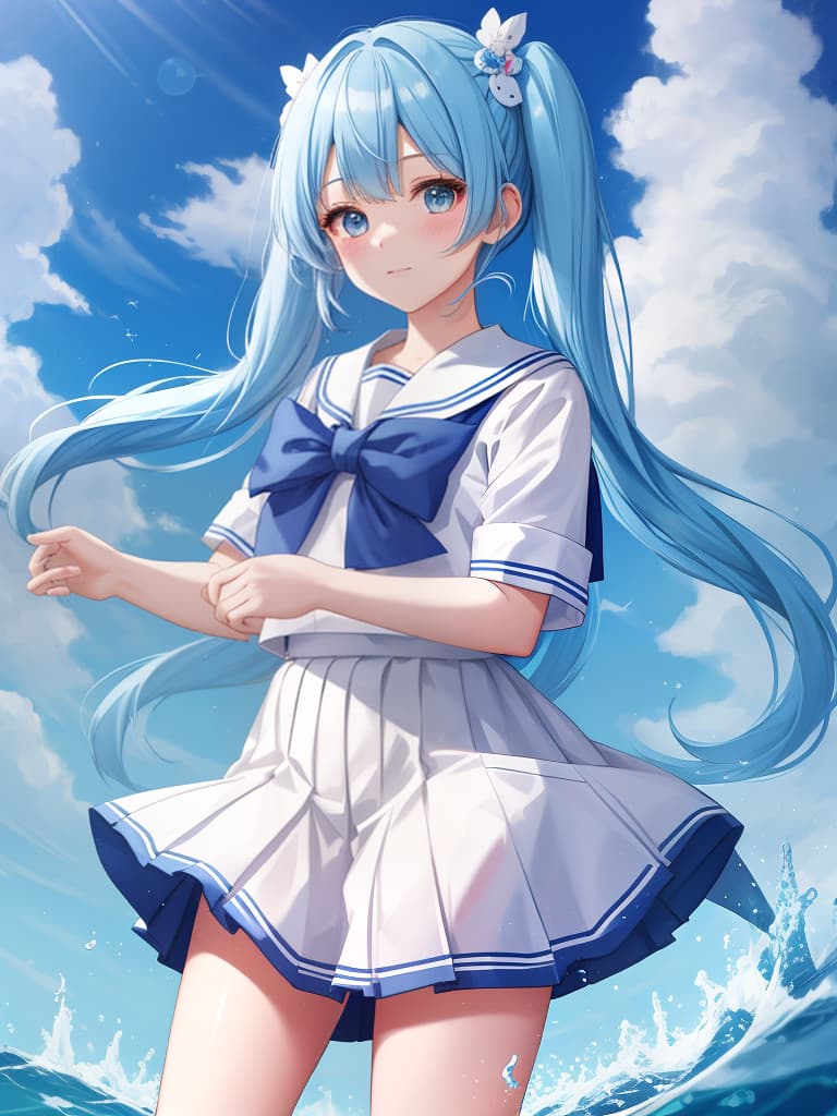  light blue hair, hairstyle twin tail: 1.5, wearing sailor clothes, masterpiece, best quality,8k,ultra detailed,high resolution,an extremely delicate and beautiful,hyper detail