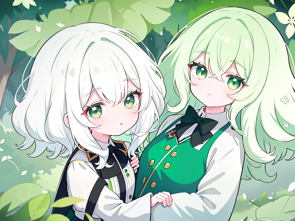  white hair, right eye green, curly hair, uniform, green, school, two, couple, masterpiece, best quality,8k,ultra detailed,high resolution,an extremely delicate and beautiful,hyper detail