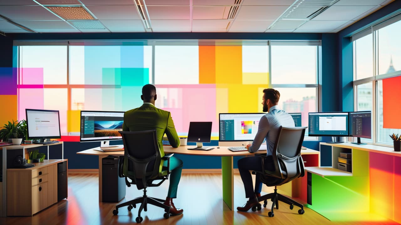  a diverse group of professionals in an office setting, reviewing stock images on a computer, surrounded by colorful printouts and mood boards, with light streaming through large windows, creating an inspiring atmosphere. hyperrealistic, full body, detailed clothing, highly detailed, cinematic lighting, stunningly beautiful, intricate, sharp focus, f/1. 8, 85mm, (centered image composition), (professionally color graded), ((bright soft diffused light)), volumetric fog, trending on instagram, trending on tumblr, HDR 4K, 8K