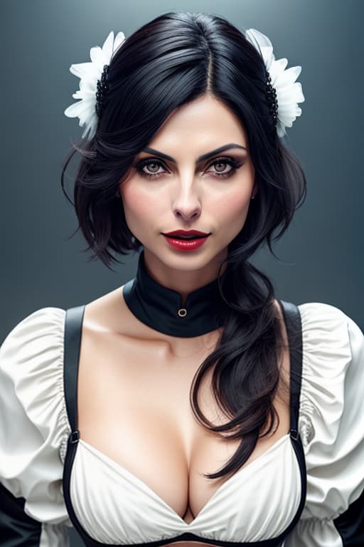  score 9, score 8 up, score 7 up, best quality, masterpiece,realistic, morena baccarin, solo, yorha no. 2 type b, puffy sleeves, dress, short hair, white hair, black dress, juliet sleeves, hairband, dark make up, breasts, deep cleavage, long sleeves, parted lips, clothing cutout, black hairband, small breasts, braless, covered eyes, mole under mouth, mole, lips, carmin red lips, belly buttton, nipples, nose, facing viewer, hair over eyes, teeth hyperrealistic, full body, detailed clothing, highly detailed, cinematic lighting, stunningly beautiful, intricate, sharp focus, f/1. 8, 85mm, (centered image composition), (professionally color graded), ((bright soft diffused light)), volumetric fog, trending on instagram, trending on tumblr, HDR 4K, 8K
